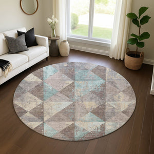 HomeRoots 8' Washable Round Rug in Coffee, Teal & Beige – Durable Geometric Design with UV Protection & Non-Slip Backing 699085