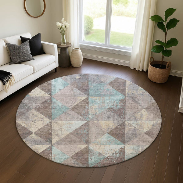 HomeRoots 8' Washable Round Rug in Coffee, Teal & Beige – Durable Geometric Design with UV Protection & Non-Slip Backing 699085