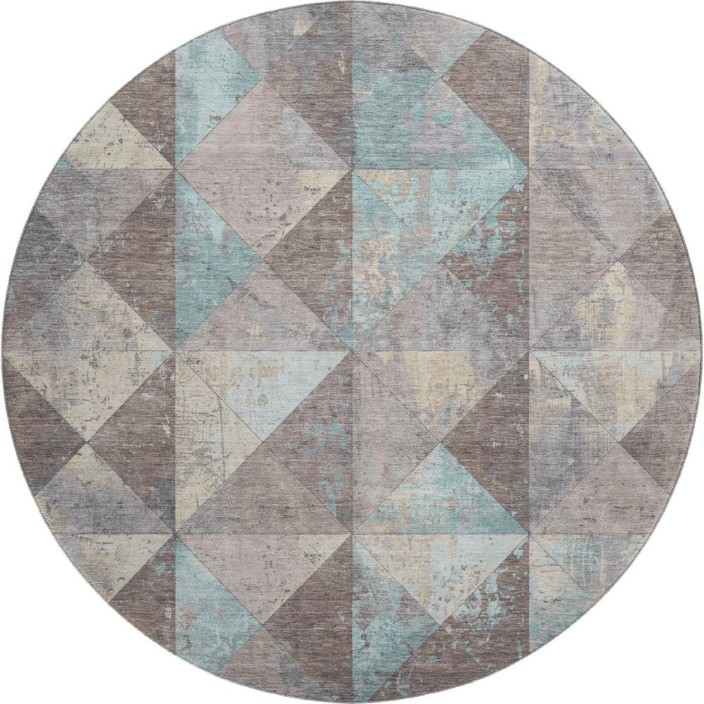 HomeRoots 8' Washable Round Rug in Coffee, Teal & Beige – Durable Geometric Design with UV Protection & Non-Slip Backing 699085