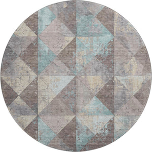 HomeRoots 8' Washable Round Rug in Coffee, Teal & Beige – Durable Geometric Design with UV Protection & Non-Slip Backing 699085