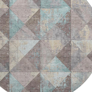 HomeRoots 8' Washable Round Rug in Coffee, Teal & Beige – Durable Geometric Design with UV Protection & Non-Slip Backing 699085