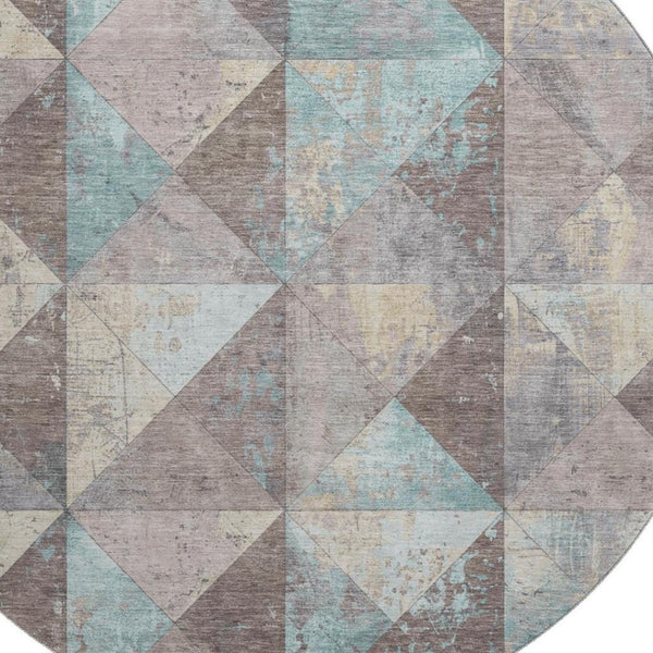 HomeRoots 8' Washable Round Rug in Coffee, Teal & Beige – Durable Geometric Design with UV Protection & Non-Slip Backing 699085