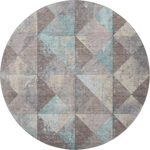 HomeRoots 8' Washable Round Rug in Coffee, Teal & Beige – Durable Geometric Design with UV Protection & Non-Slip Backing 699085