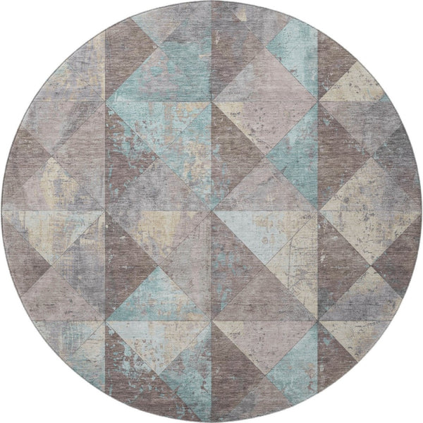HomeRoots 8' Washable Round Rug in Coffee, Teal & Beige – Durable Geometric Design with UV Protection & Non-Slip Backing 699085