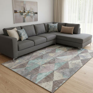 HomeRoots 8' X 10' Washable Geometric Area Rug in Coffee, Teal & Beige with UV Protection for Modern Spaces 699086
