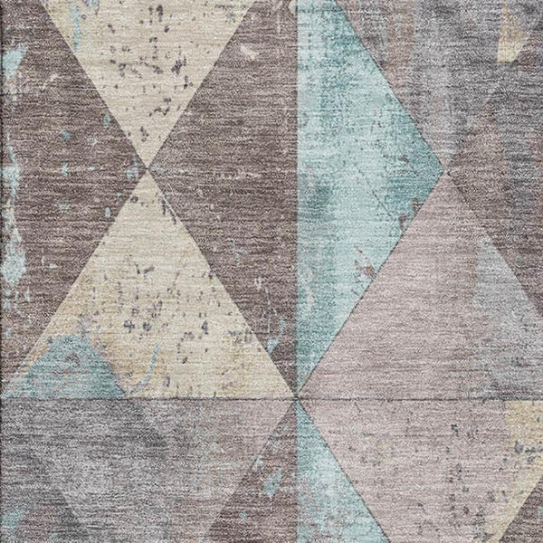 HomeRoots 8' X 10' Washable Geometric Area Rug in Coffee, Teal & Beige with UV Protection for Modern Spaces 699086