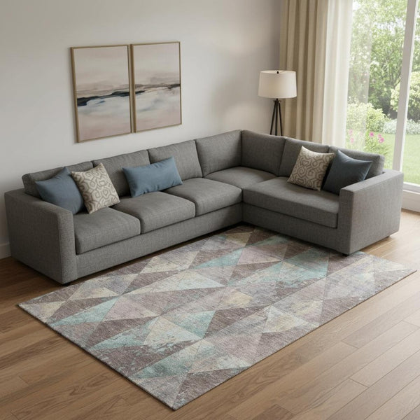 HomeRoots 9' X 12' Washable Geometric Area Rug in Coffee, Teal & Beige with UV Protection for Busy Homes 699087