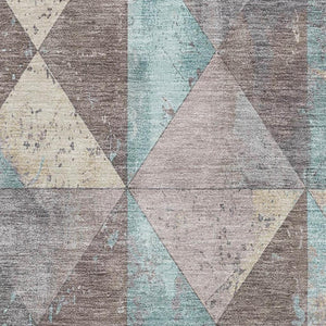 HomeRoots 9' X 12' Washable Geometric Area Rug in Coffee, Teal & Beige with UV Protection for Busy Homes 699087