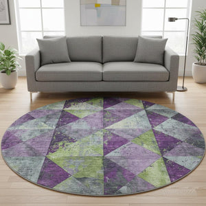 HomeRoots 8' Modern Geometric Washable Round Rug in Purple, Green & Ivory with UV Protection for All Spaces 699091