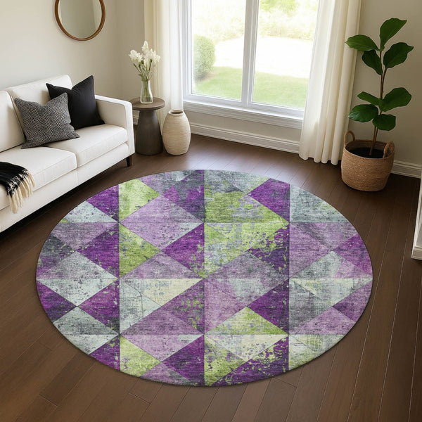 HomeRoots 8' Modern Geometric Washable Round Rug in Purple, Green & Ivory with UV Protection for All Spaces 699091