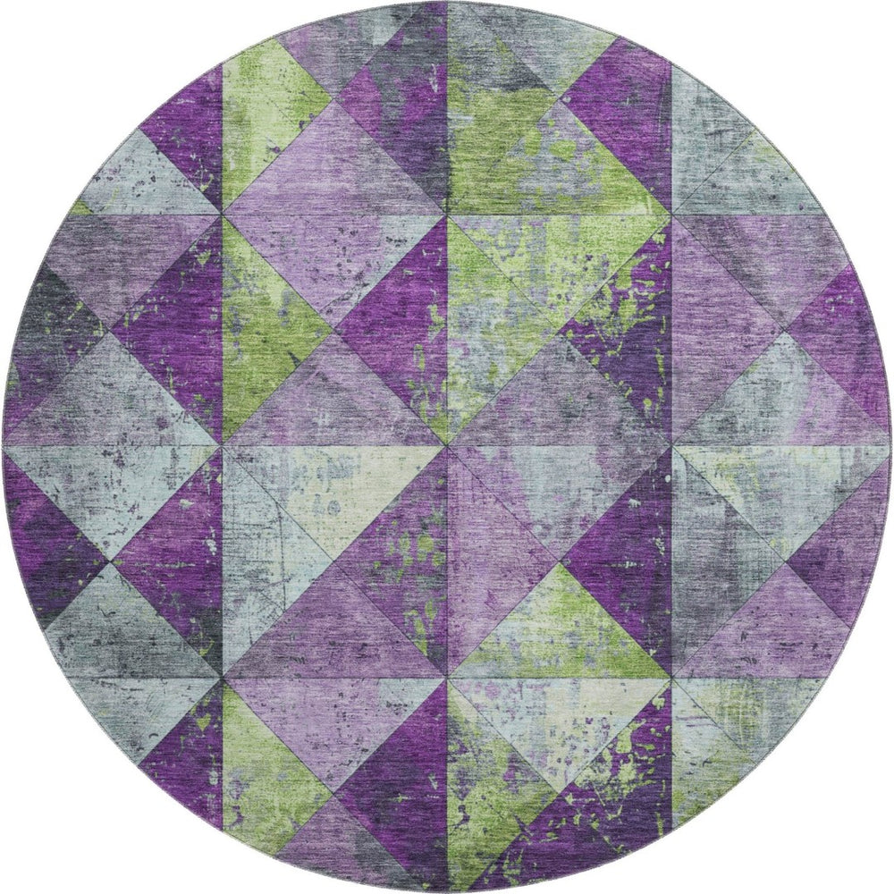 HomeRoots 8' Modern Geometric Washable Round Rug in Purple, Green & Ivory with UV Protection for All Spaces 699091