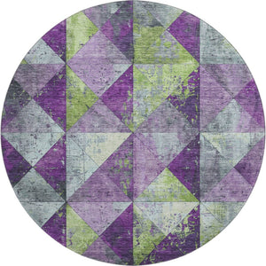 HomeRoots 8' Modern Geometric Washable Round Rug in Purple, Green & Ivory with UV Protection for All Spaces 699091