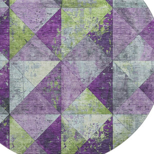 HomeRoots 8' Modern Geometric Washable Round Rug in Purple, Green & Ivory with UV Protection for All Spaces 699091