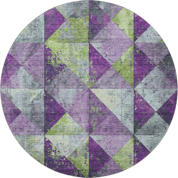 HomeRoots 8' Modern Geometric Washable Round Rug in Purple, Green & Ivory with UV Protection for All Spaces 699091