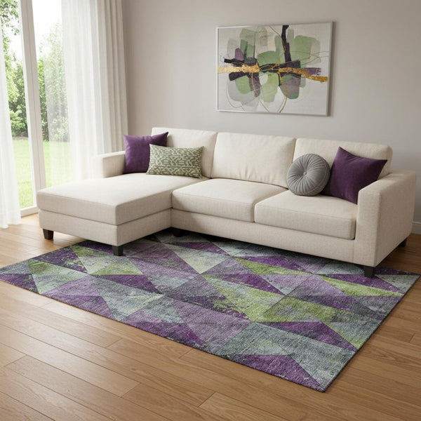 HomeRoots 8' X 10' Contemporary Washable Geometric Area Rug in Purple, Green, and Ivory with UV Protection 699092