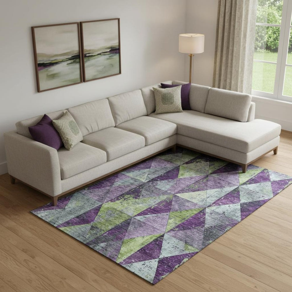HomeRoots 9' X 12' Stylish Purple, Green & Ivory Geometric Washable Area Rug with Stain Resistance & UV Protection 699093