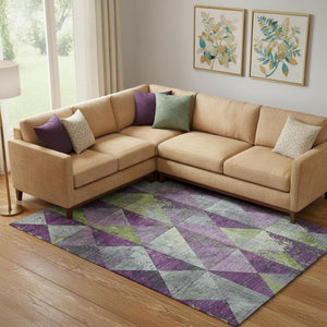 HomeRoots 10' X 14' Geometric Washable Area Rug in Purple, Green & Ivory - UV Protected & Stain Resistant! 699094