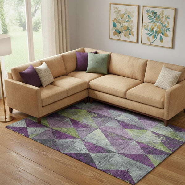 HomeRoots 10' X 14' Geometric Washable Area Rug in Purple, Green & Ivory - UV Protected & Stain Resistant! 699094