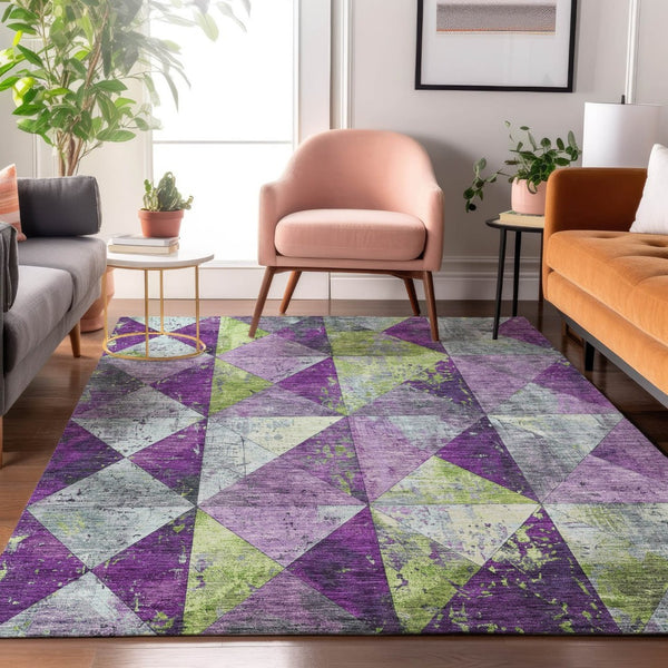 HomeRoots 10' X 14' Geometric Washable Area Rug in Purple, Green & Ivory - UV Protected & Stain Resistant! 699094
