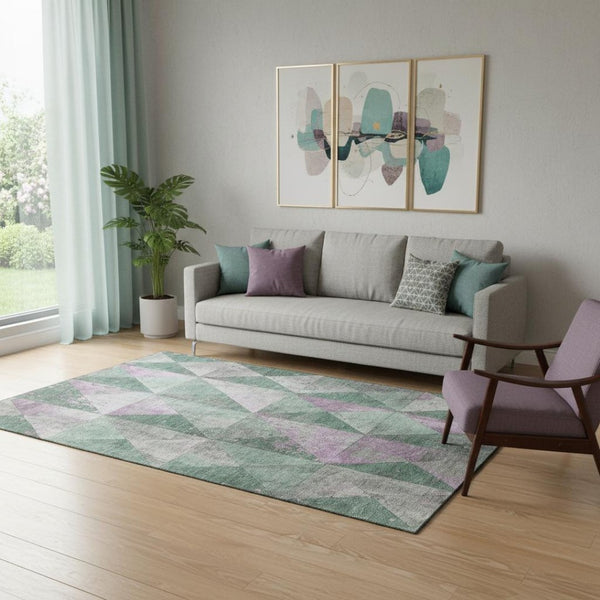 HomeRoots 5' X 8' Sage Purple Ivory Geometric Area Rug - Durable, Washable, UV Protected for Modern Homes 699096