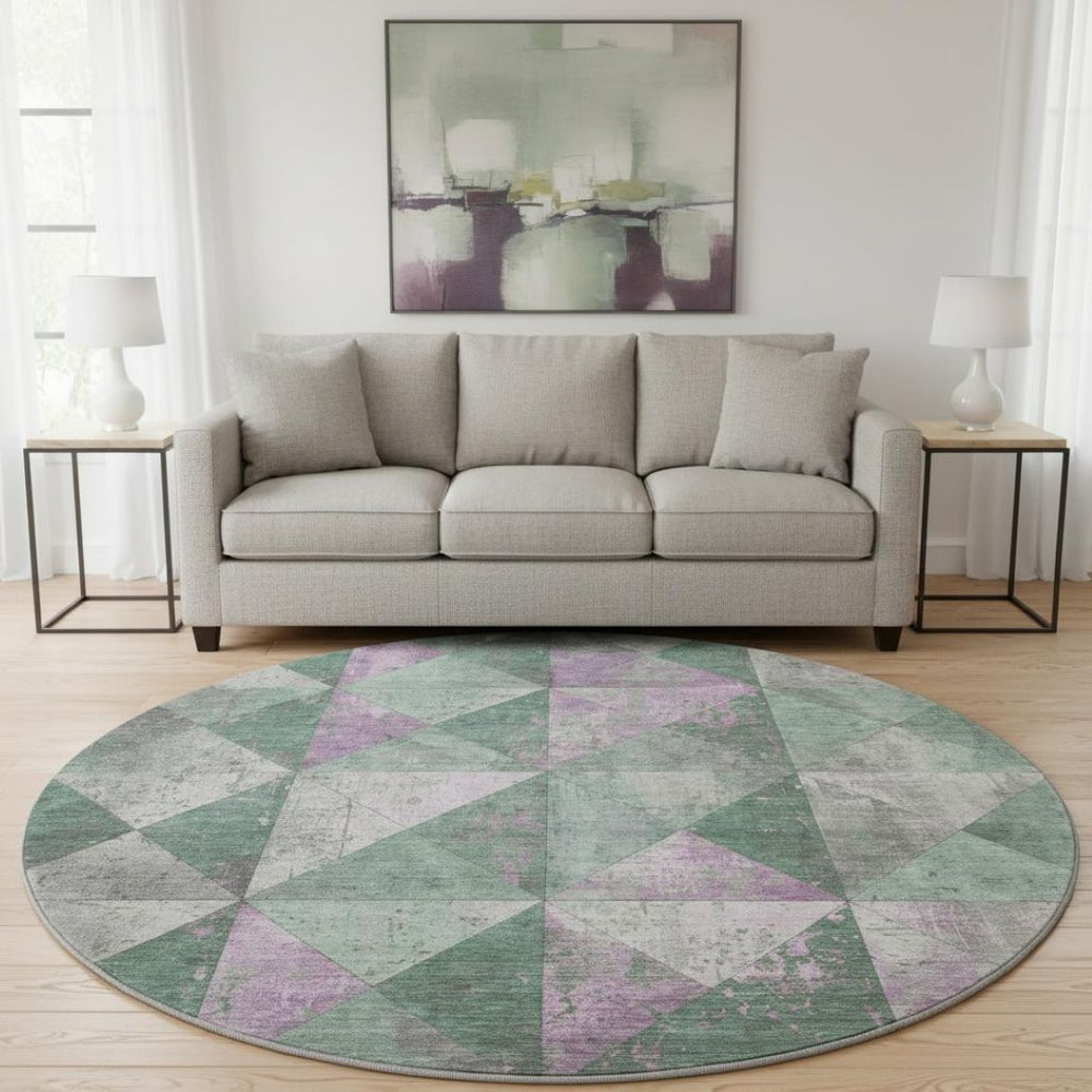 HomeRoots 8' Stylish Sage Purple and Ivory Geometric Round Rug – Washable, UV Protected, Perfect for Busy Homes! 699097