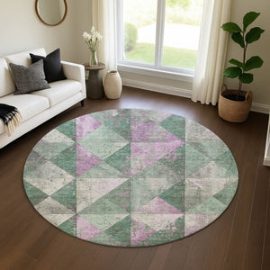 HomeRoots 8' Stylish Sage Purple and Ivory Geometric Round Rug – Washable, UV Protected, Perfect for Busy Homes! 699097