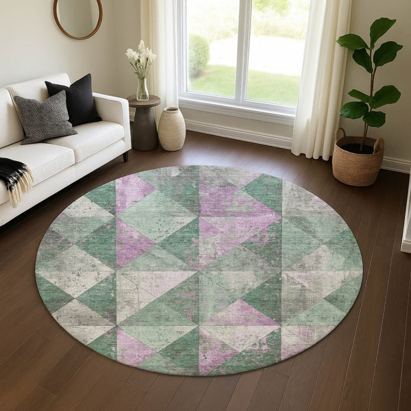 HomeRoots 8' Stylish Sage Purple and Ivory Geometric Round Rug – Washable, UV Protected, Perfect for Busy Homes! 699097