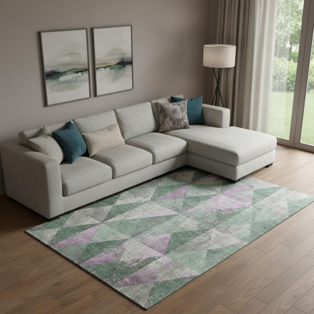 HomeRoots 9' X 12' Sage, Purple & Ivory Geometric Washable Area Rug - Durable, UV-Protected & Stylish Design 699099