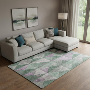 HomeRoots 9' X 12' Sage, Purple & Ivory Geometric Washable Area Rug - Durable, UV-Protected & Stylish Design 699099