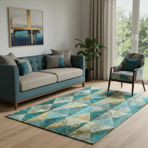 HomeRoots 5' X 8' Geometric Area Rug in Teal Gold Ivory - Washable, Stain Resistant & UV Protected for Homes 699102