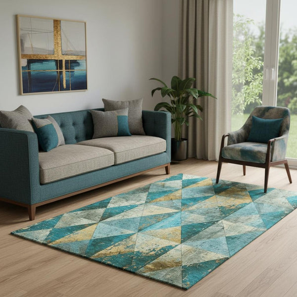 HomeRoots 5' X 8' Geometric Area Rug in Teal Gold Ivory - Washable, Stain Resistant & UV Protected for Homes 699102