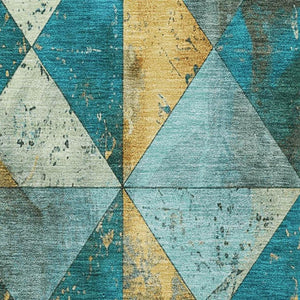 HomeRoots 5' X 8' Geometric Area Rug in Teal Gold Ivory - Washable, Stain Resistant & UV Protected for Homes 699102