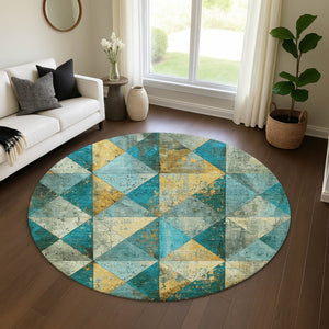 HomeRoots 8' Teal, Gold & Ivory Geometric Round Rug - Washable, UV-Protected, Stain Resistant for Family Homes 699103