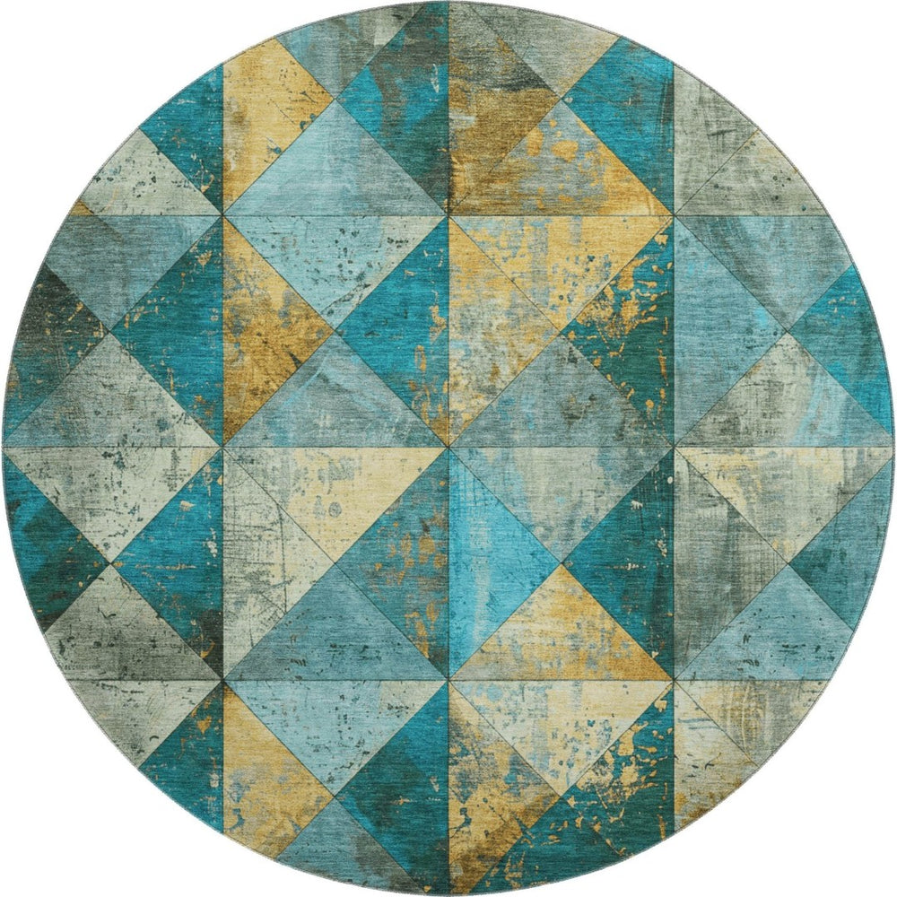 HomeRoots 8' Teal, Gold & Ivory Geometric Round Rug - Washable, UV-Protected, Stain Resistant for Family Homes 699103