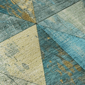 HomeRoots 8' Teal, Gold & Ivory Geometric Round Rug - Washable, UV-Protected, Stain Resistant for Family Homes 699103