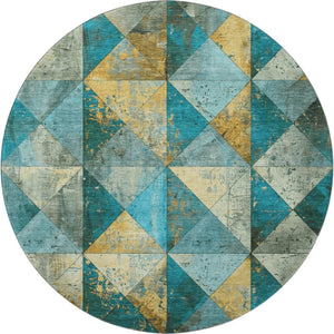HomeRoots 8' Teal, Gold & Ivory Geometric Round Rug - Washable, UV-Protected, Stain Resistant for Family Homes 699103