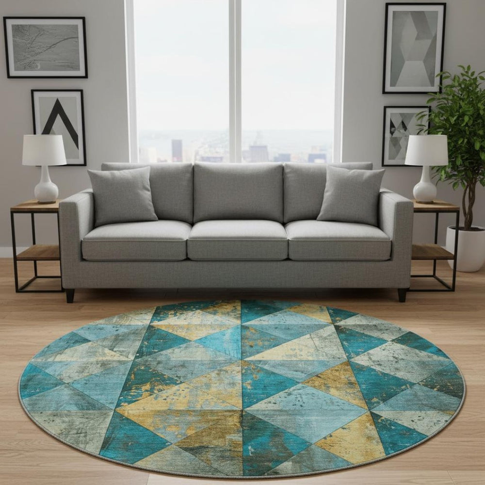 HomeRoots 8' Teal, Gold & Ivory Geometric Round Rug - Washable, UV-Protected, Stain Resistant for Family Homes 699103