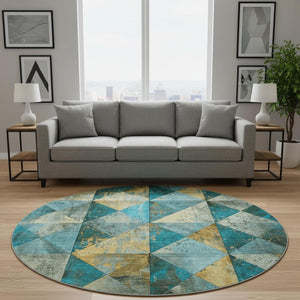 HomeRoots 8' Teal, Gold & Ivory Geometric Round Rug - Washable, UV-Protected, Stain Resistant for Family Homes 699103