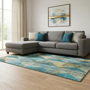 HomeRoots 8' X 10' Geometric Area Rug in Teal, Gold & Ivory - Washable, Stain-Resistant, UV Protected Design 699104