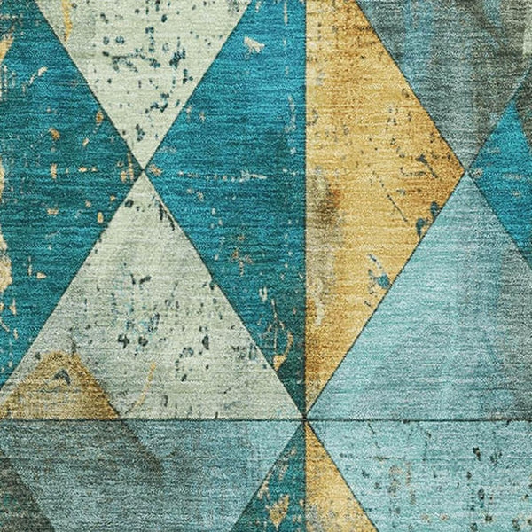HomeRoots 8' X 10' Geometric Area Rug in Teal, Gold & Ivory - Washable, Stain-Resistant, UV Protected Design 699104