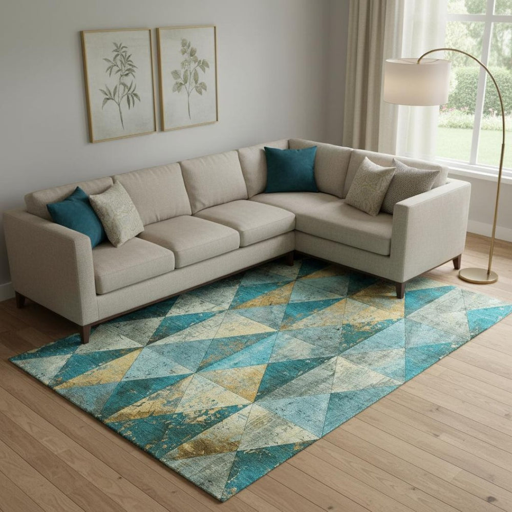 HomeRoots 9' X 12' Teal Gold Ivory Geometric Area Rug - Washable, UV Protected, Stain-Resistant, Durable Design 699105