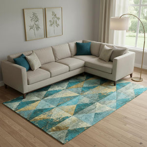 HomeRoots 9' X 12' Teal Gold Ivory Geometric Area Rug - Washable, UV Protected, Stain-Resistant, Durable Design 699105