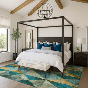 HomeRoots 9' X 12' Teal Gold Ivory Geometric Area Rug - Washable, UV Protected, Stain-Resistant, Durable Design 699105