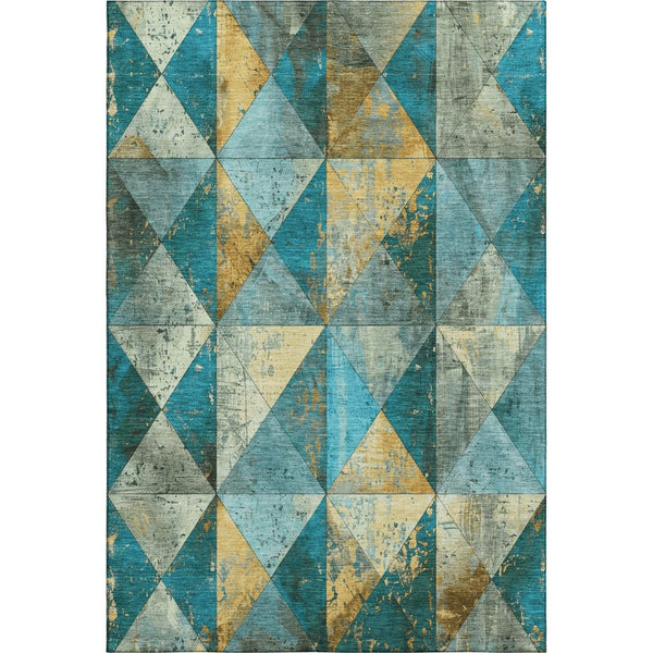 HomeRoots 9' X 12' Teal Gold Ivory Geometric Area Rug - Washable, UV Protected, Stain-Resistant, Durable Design 699105