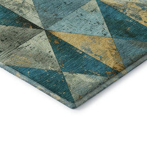HomeRoots 9' X 12' Teal Gold Ivory Geometric Area Rug - Washable, UV Protected, Stain-Resistant, Durable Design 699105