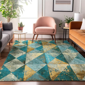 HomeRoots 9' X 12' Teal Gold Ivory Geometric Area Rug - Washable, UV Protected, Stain-Resistant, Durable Design 699105