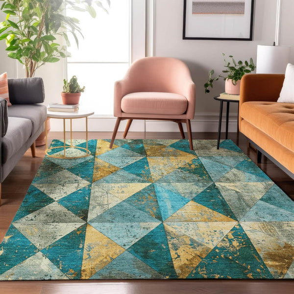 HomeRoots 9' X 12' Teal Gold Ivory Geometric Area Rug - Washable, UV Protected, Stain-Resistant, Durable Design 699105