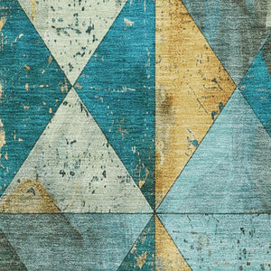 HomeRoots 9' X 12' Teal Gold Ivory Geometric Area Rug - Washable, UV Protected, Stain-Resistant, Durable Design 699105