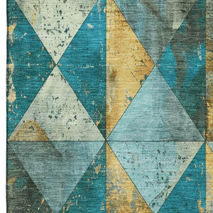 HomeRoots 9' X 12' Teal Gold Ivory Geometric Area Rug - Washable, UV Protected, Stain-Resistant, Durable Design 699105