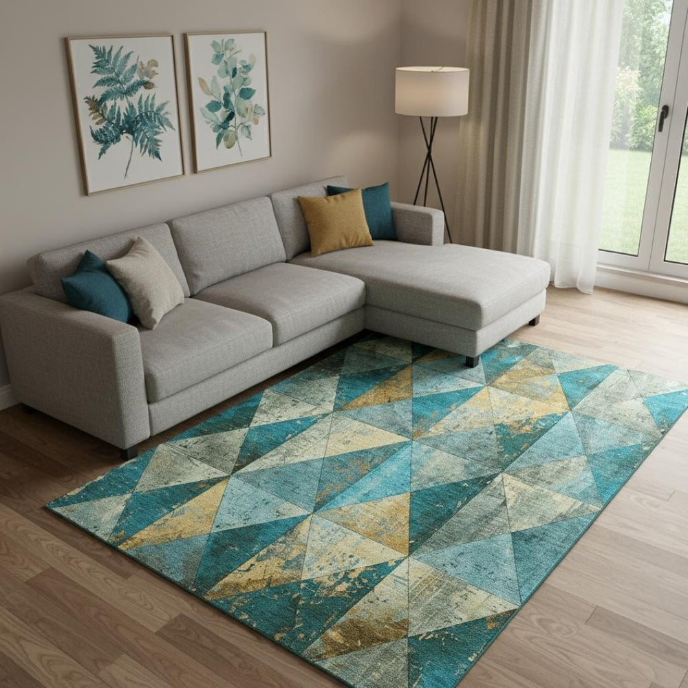 HomeRoots 10' X 14' Teal Gold Ivory Geometric Area Rug - Washable, UV Protected, Perfect for High-Traffic Spaces 699106